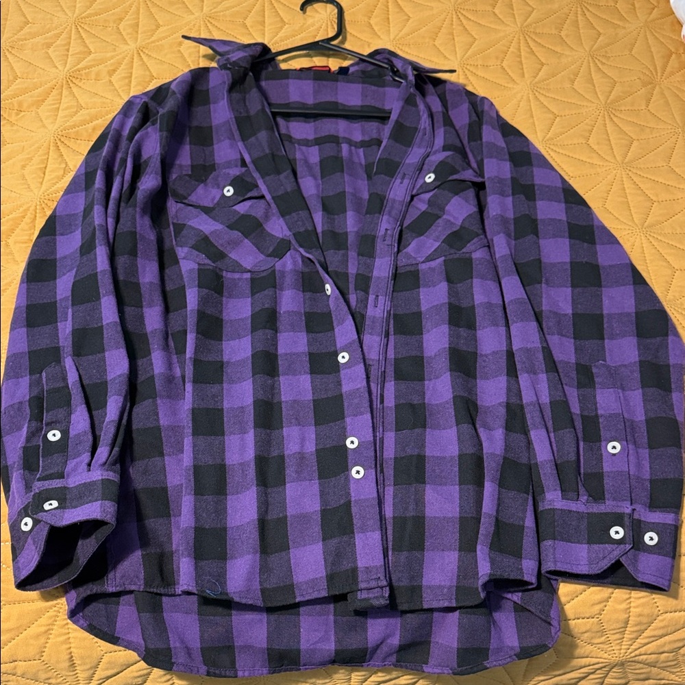Purple and Black Plaid Button-Up Shirt